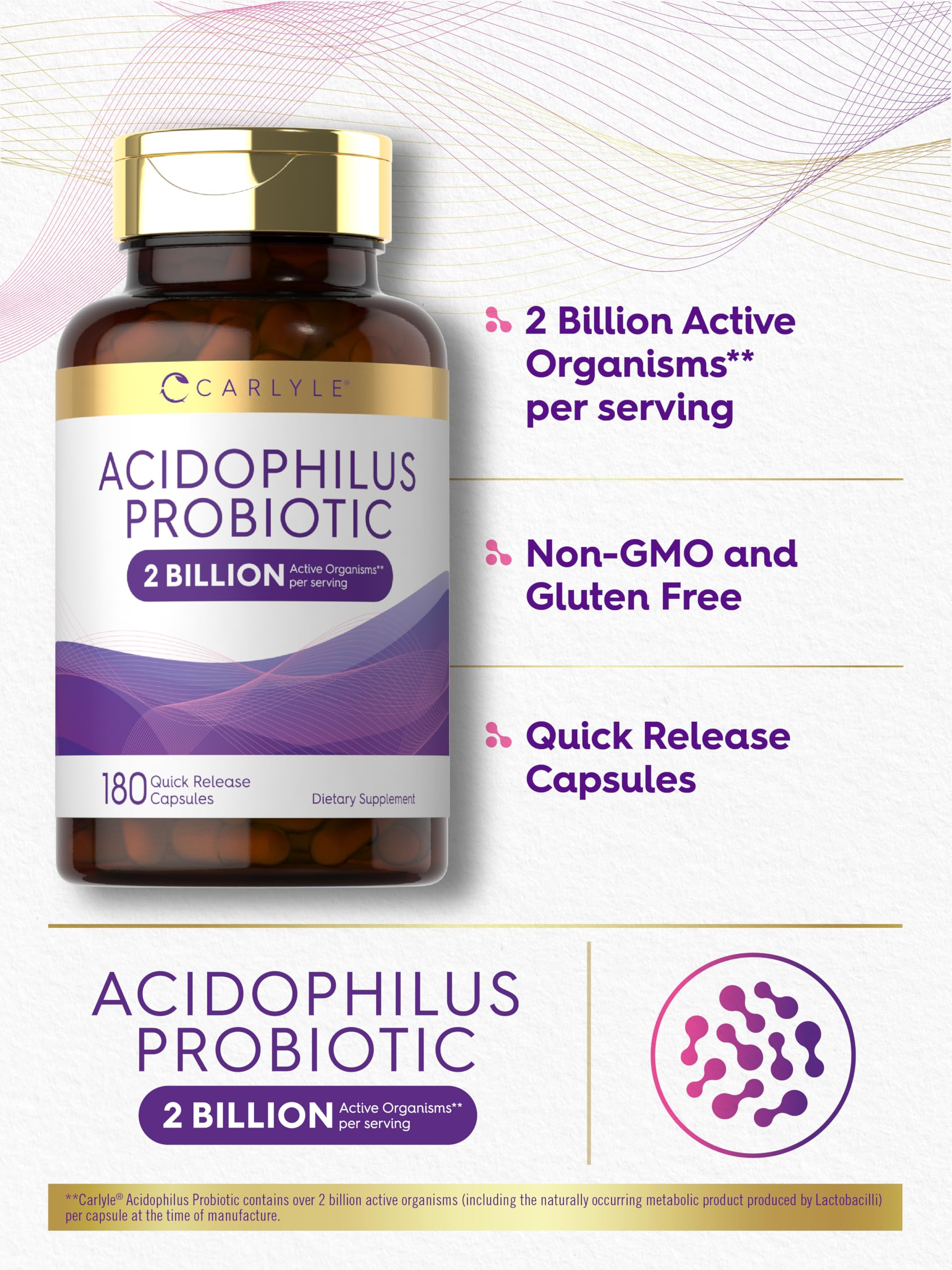 Carlyle Acidophilus Probiotic for Women & Men's Digestive Health | 2 Billion CFU | 180 Quick Release Capsules | Non-GMO & Gluten Free